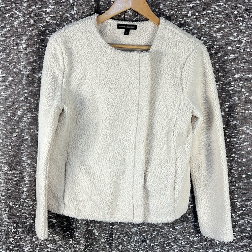 Banana Republic Ivory Fuzzy Jacket Size Small Cozy Side Zip Long Sleeves